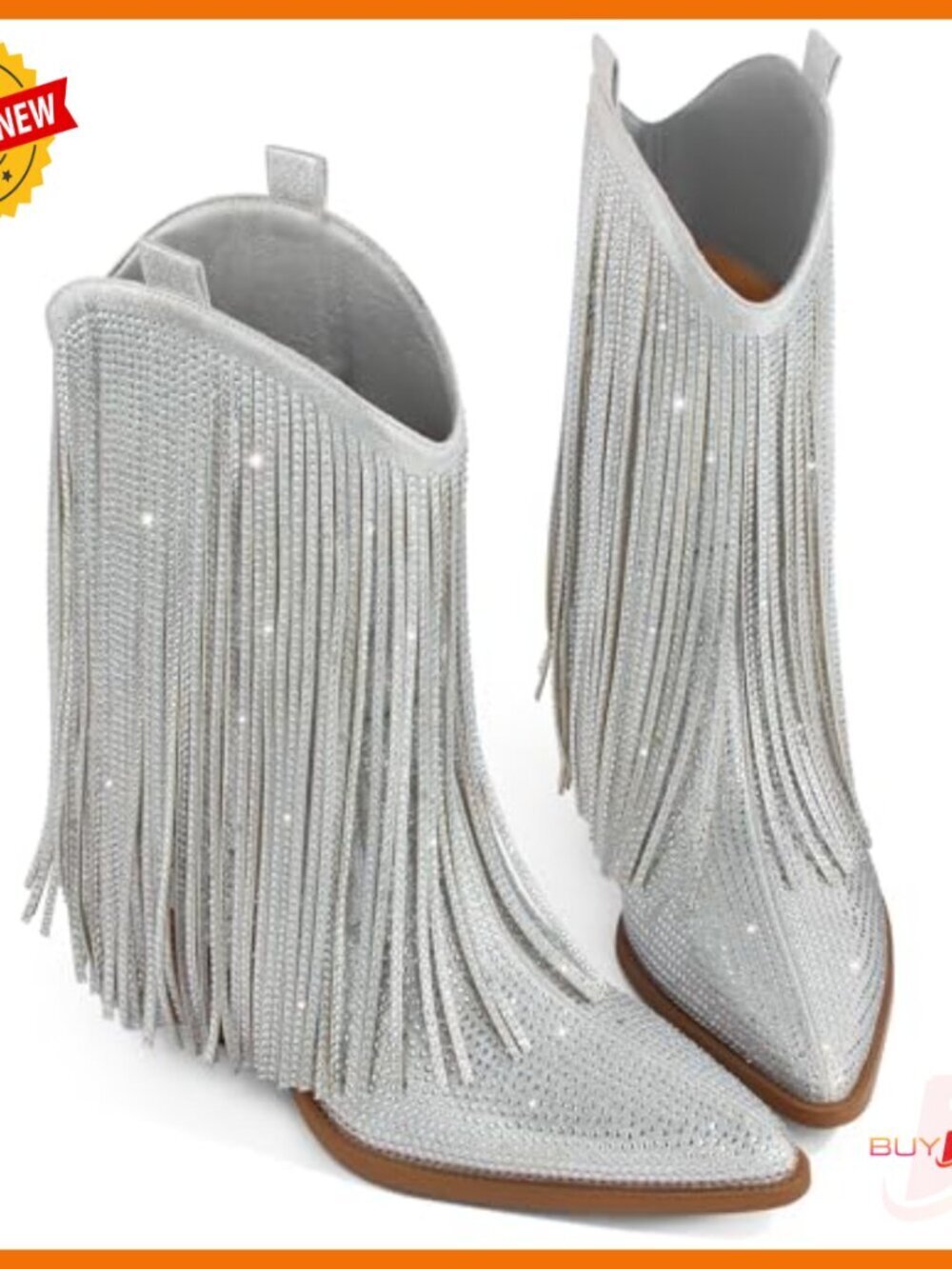 Rhinestone Fringe Cowboy Boots Pointed Toe Pull-On Mid-Calf Western - Picture 6 of 7